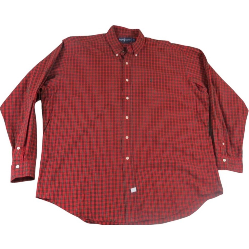Ralph Lauren Shirt Mens XL Red Plaid‎ Long Sleeve Button Down Cotton Green Pony